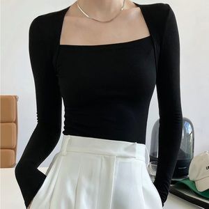 Square Neck Solid Long Sleeve Shirt